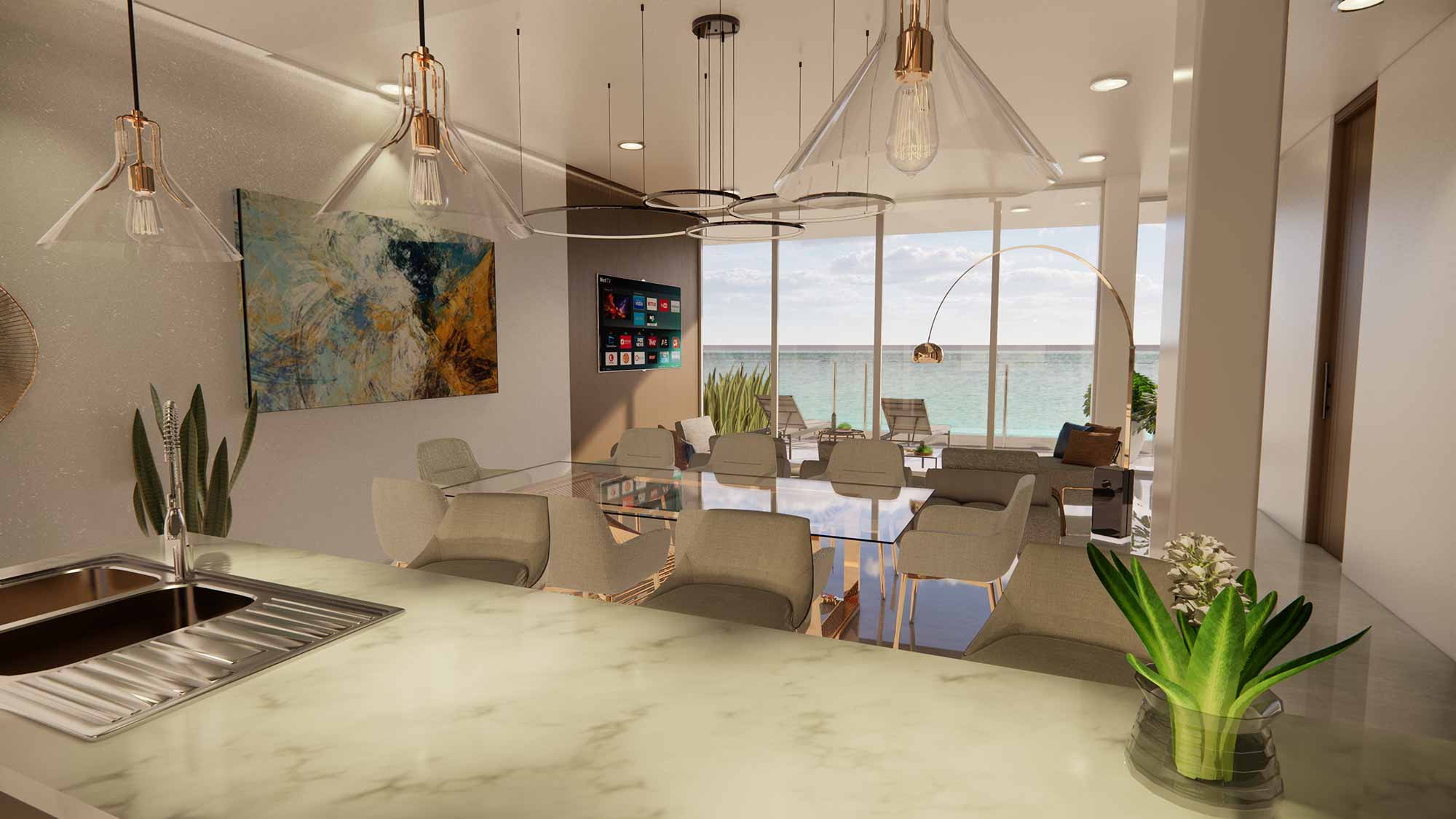 Living room of an Ikonic Tower residence with floor to ceiling glazing and the sea beyond