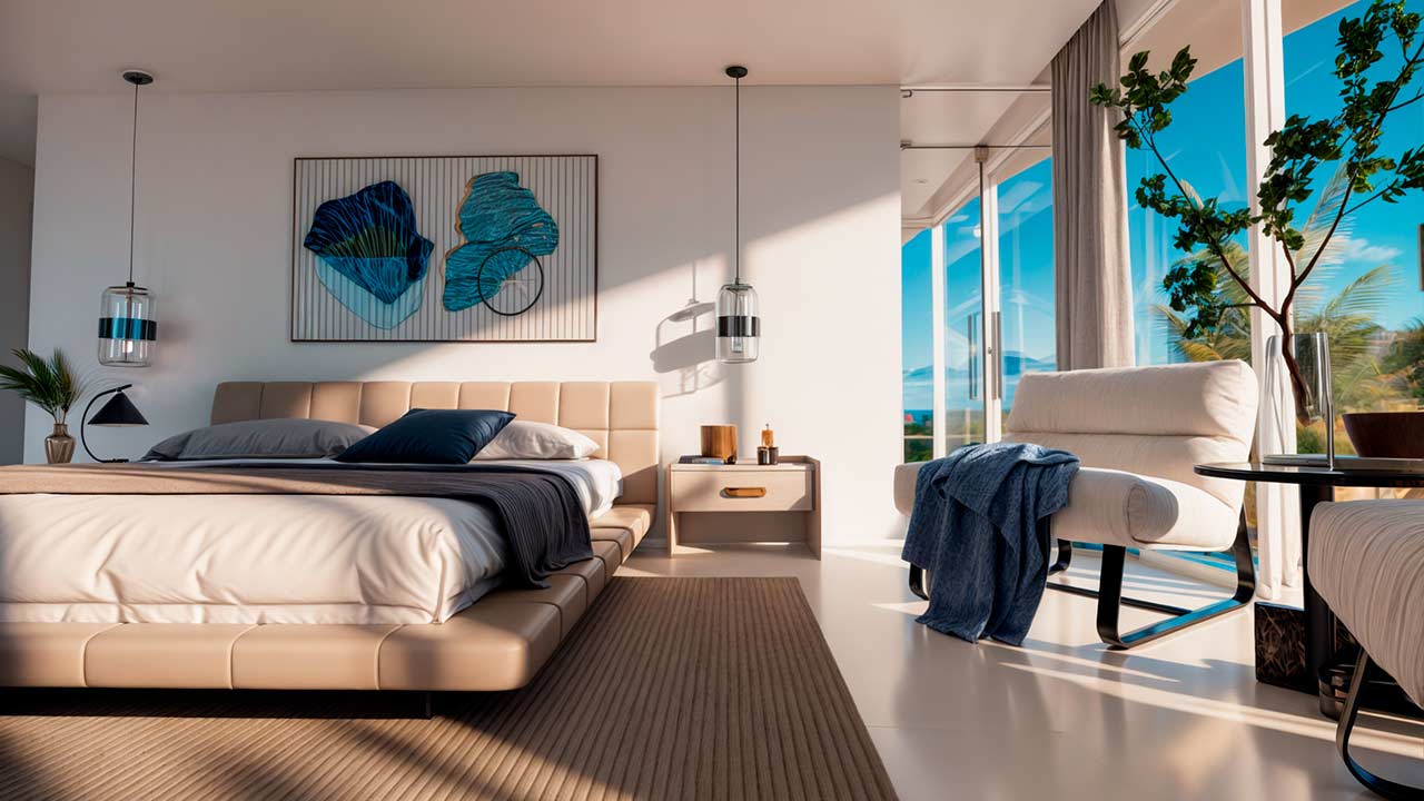 Living room of an Ikonic Tower residence opening onto the terrace