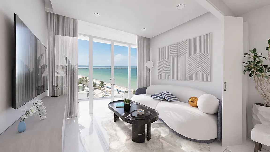 Sala de una residencia de Ikonic Tower con vista al mar