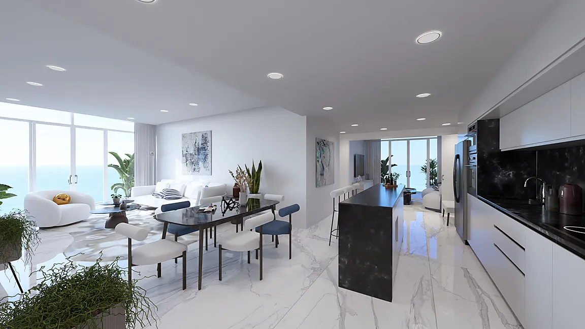 Sala, comedor y cocina integrados en una residencia de Ikonic Tower
