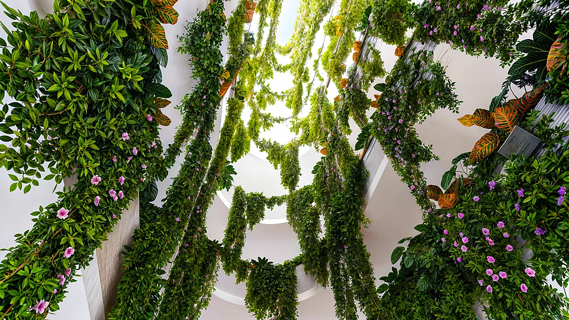 Vegetación colgante en el atrio de Ikonic Tower