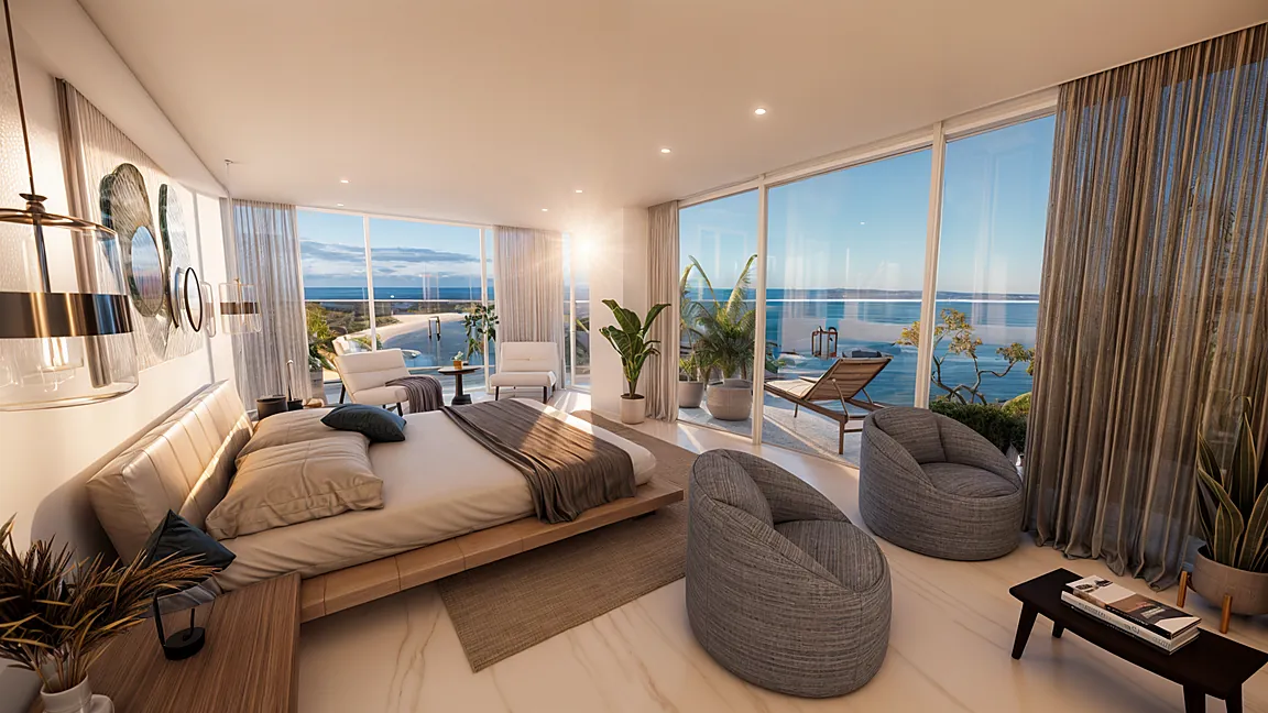 Habitación de una residencia de Ikonic Tower con ventanal de piso a techo